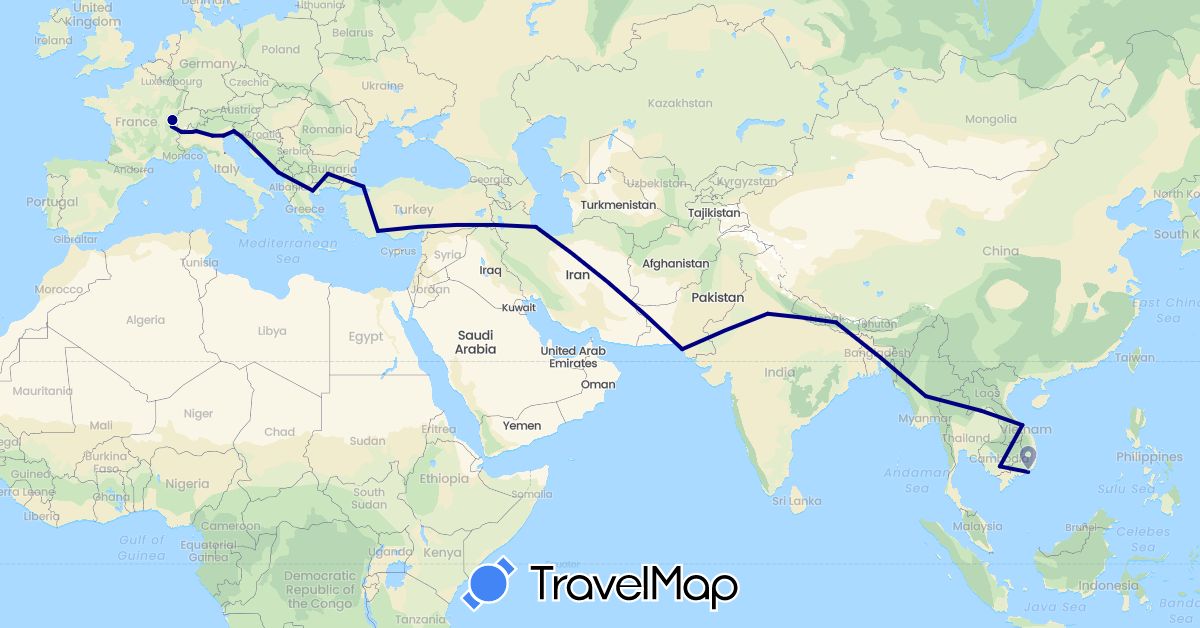 TravelMap itinerary: driving in Bulgaria, Switzerland, France, Greece, Croatia, India, Iran, Italy, Cambodia, Laos, Montenegro, Myanmar (Burma), Nepal, Pakistan, Turkey, Vietnam (Asia, Europe)